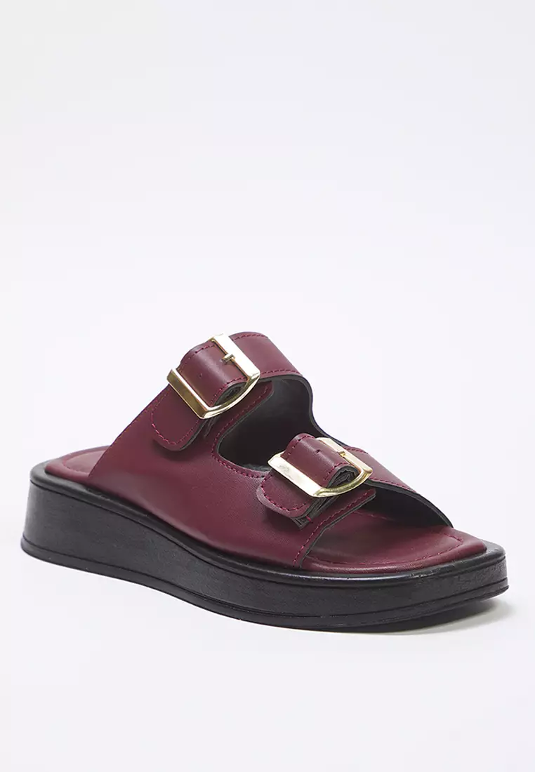 Burgundy Double Banded Buckle Detailed Thick Sole Women's Slippers Takss25Te00044