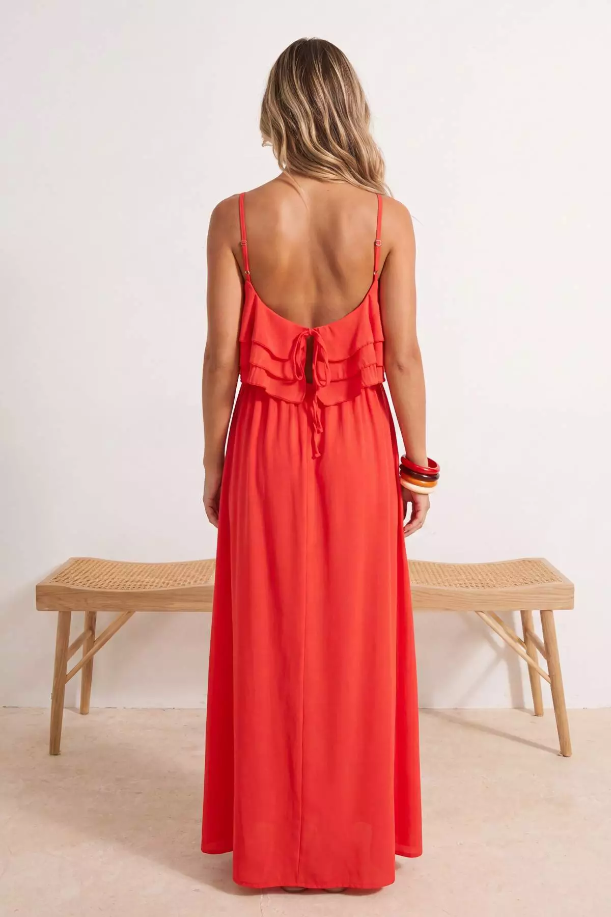 Pomegranate Flower Woven Flounced Maxi Beach Dress Tbess25El00132