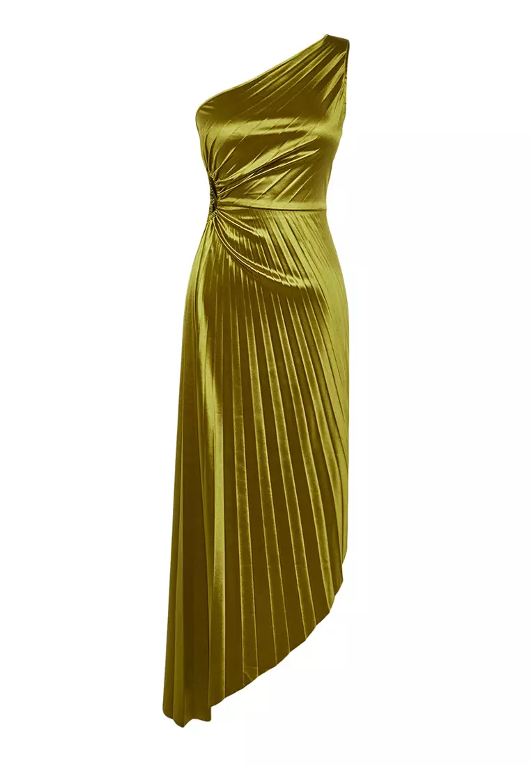 Asymmetric Pleated Detailed Satin Elegant Evening Dress