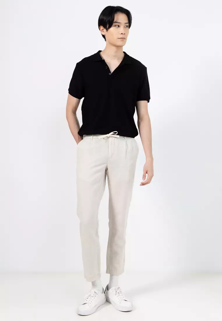 Slim Fit Cropped Linen-Cotton Trousers