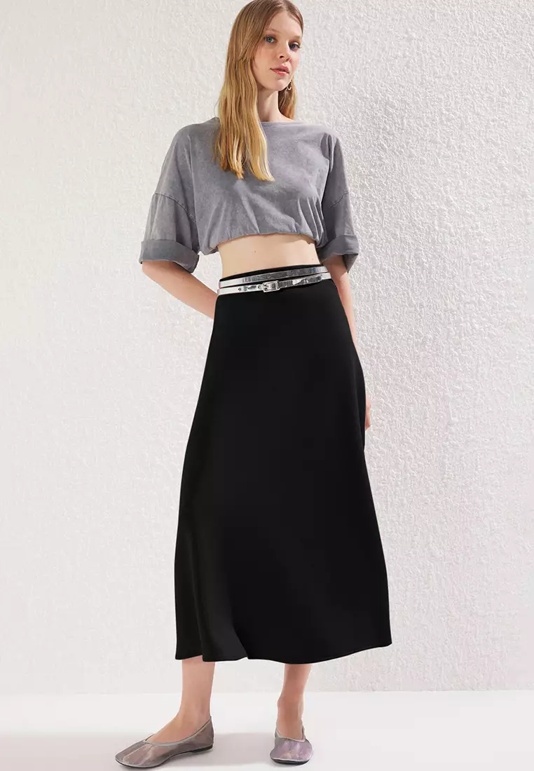 Black A Line/Flare Cut Midi Skirt
