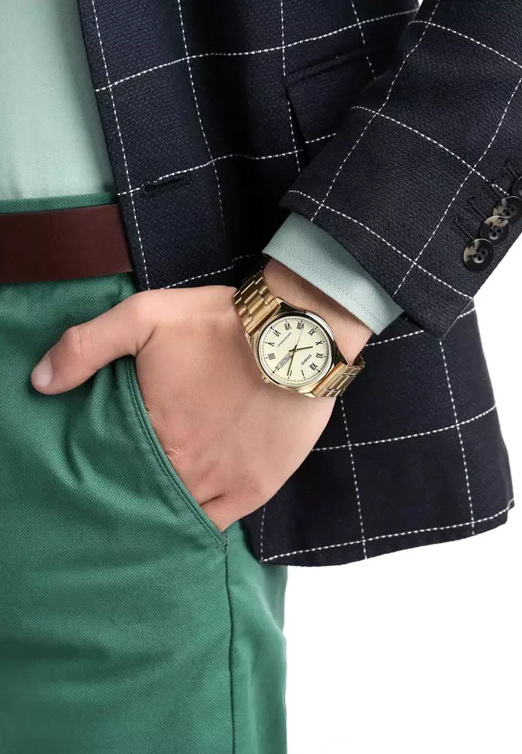 Men Analog Watch MTP-V006G-9B Gold Stainless Steel Strap