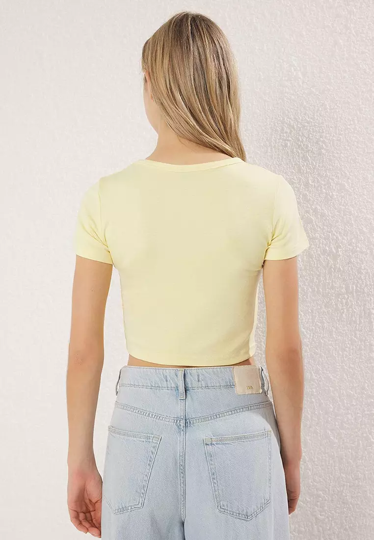 Premium Light Yellow-Black 2'Li Package Crop Soft Fabric Stretchy Knitted Blouse Twoss23Bz00108