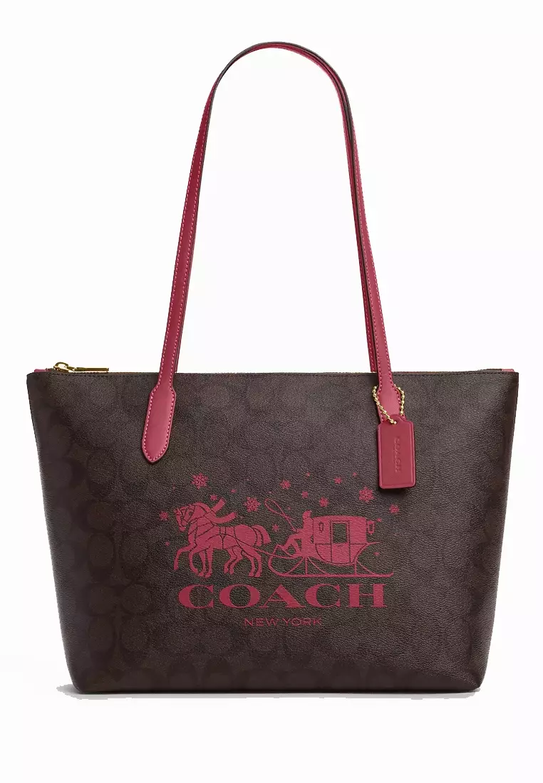 Coach COACH Zip Top Tote In Signature Canvas With Horse