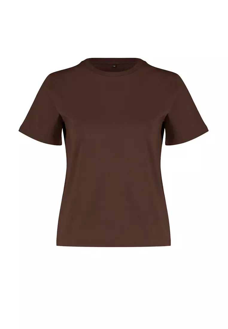 Brown 100% Cotton Basic Crew Neck Knitted T-Shirt TWOSS23TS00000
