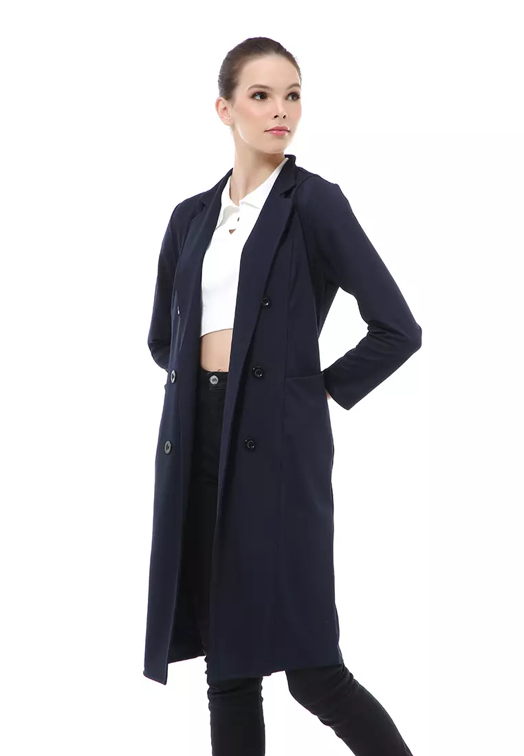 Myra Outerwear Wanita Long Blazer Desain Kancing Plain Motive Material Wedges ORIGINAL - Dark Navy