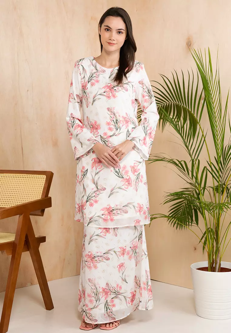 Luxe Gold Foiled Floral Baju Kurung Moden Chiffon in White