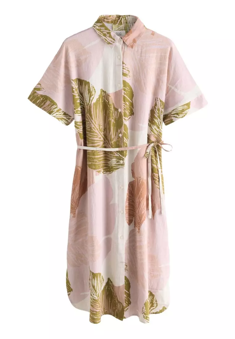 Short Sleeve Tie Waist Midi Shirt Dress with Linen