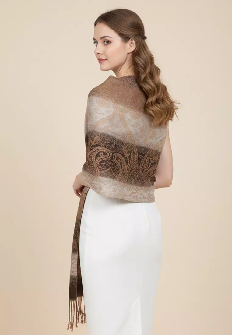 Aksesoris Wanita Reversible Viscose Arabesque Weave Pattern Pashmina Shawl Syal Gradasi Wanita Vintage Mocca