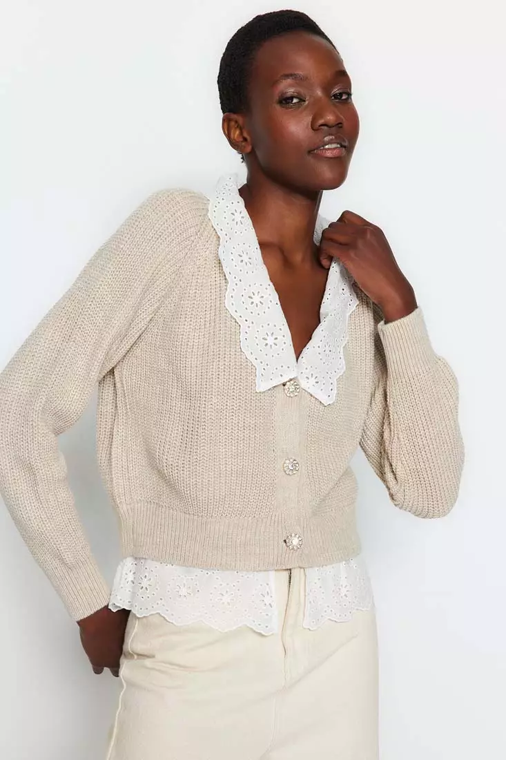 Crop Polo Collar Knit Cardigan