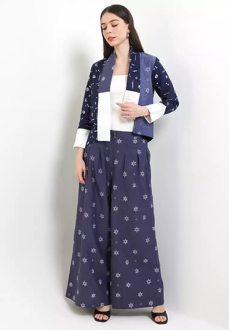 Setelan Outer Vest Cardigan Muslim Batik Cap Dobby Atasan Wanita dan Bawahan Celana Kulot Spesial JFW Collection Binar Elea Navy