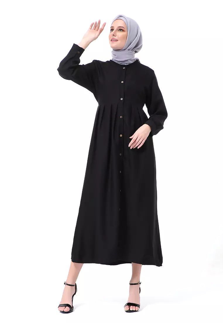 Kiyah Dress Button Muslimah Atasan Wanita Long Sleeve Premium Quality - Hitam