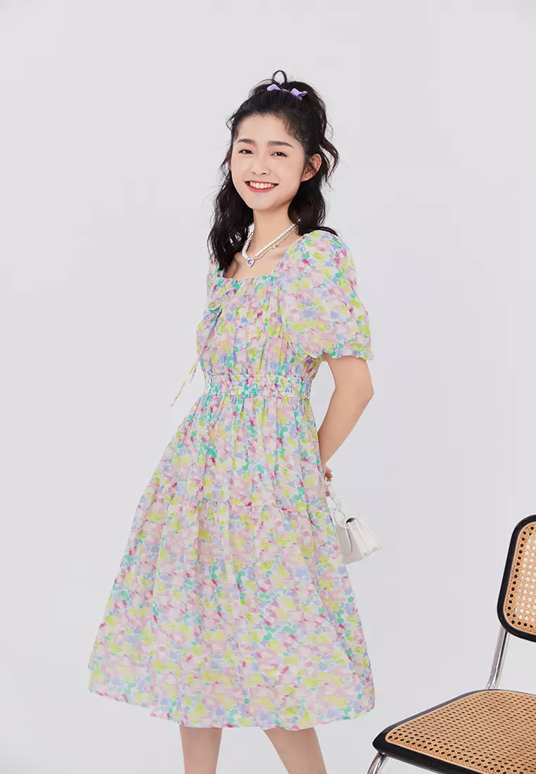 Square Neck Floral Tiered Midi Dress