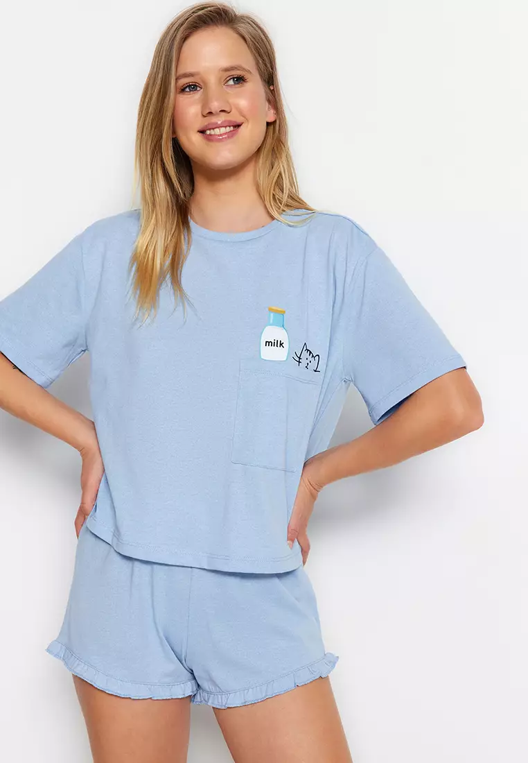 Graphic Plain with Frill Detail Pajamas Set