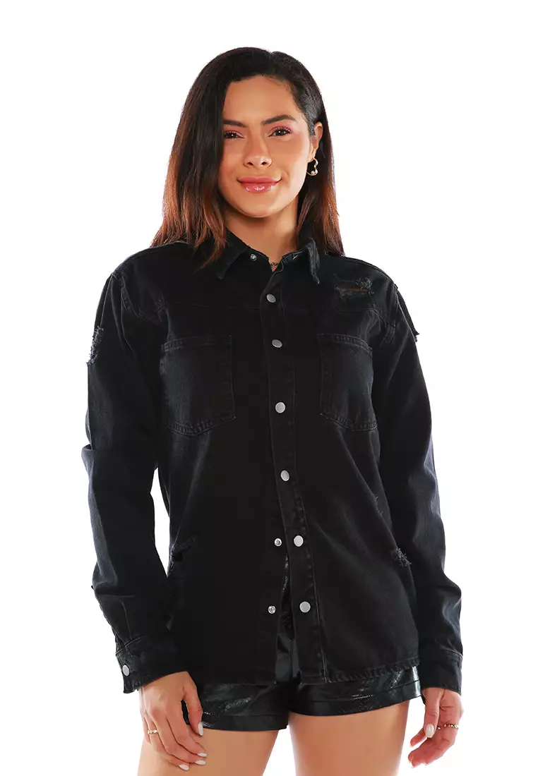 Black ripped denim sale jacket womens