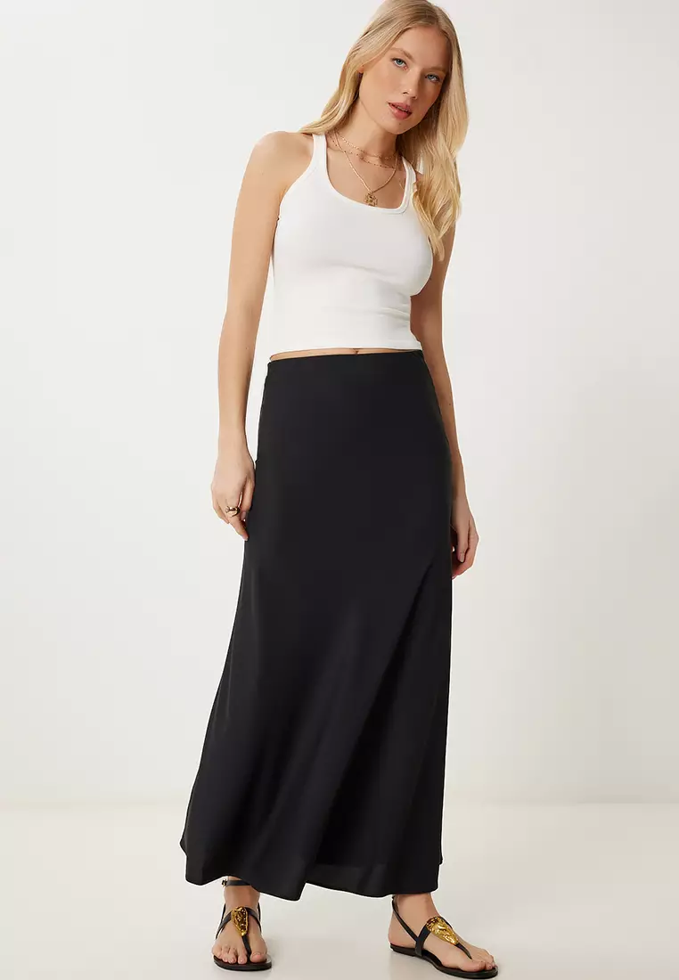 Women's Black A-Line Draped Long Woven Skirt Gk00019