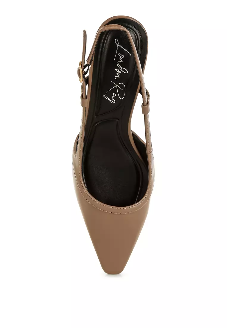 Slingback Pin Buckle Kitten Heels In Taupe