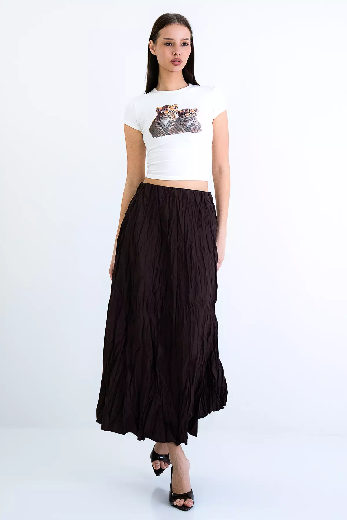 Brown Soft Crush Textured Midi Skirt Alc-X15225