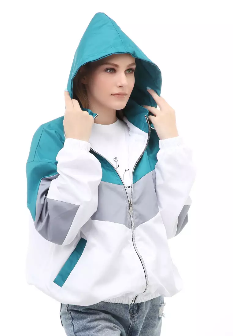 Hardwin Jacket Outer Wanita Hoodie Kombinasi 3 Warna Material Parasut Despo ORIGINAL - Tosca Gray White