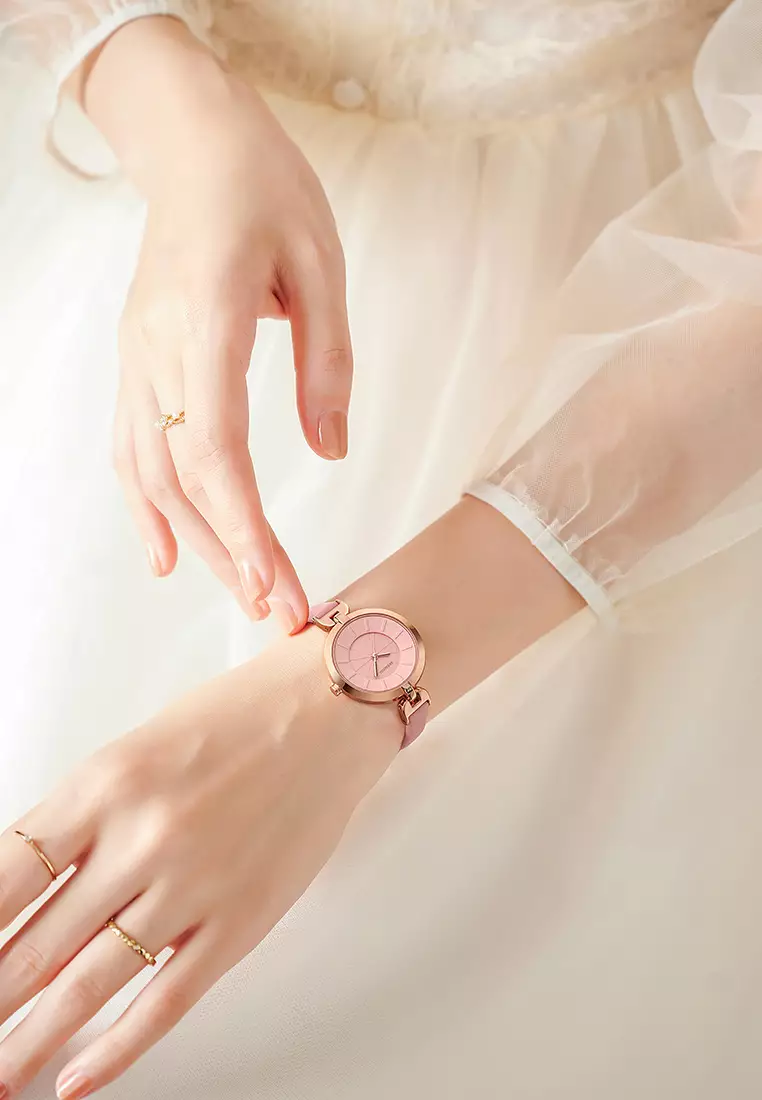 Jam Tangan Wanita Anggun Gaya Tali Kulit Anti Air Kuarsa Jam Tangan Cowok warna merah muda