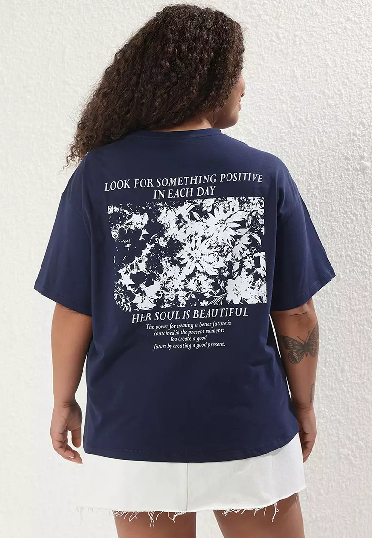 Navy Blue Oversize Fit 100% Cotton Front And Back Printed Knitted Plus Size T-Shirt Tbbss25Bf00002