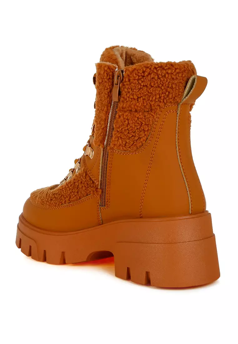 Faux Fur Detail Chunky Hiker Boots in Tan