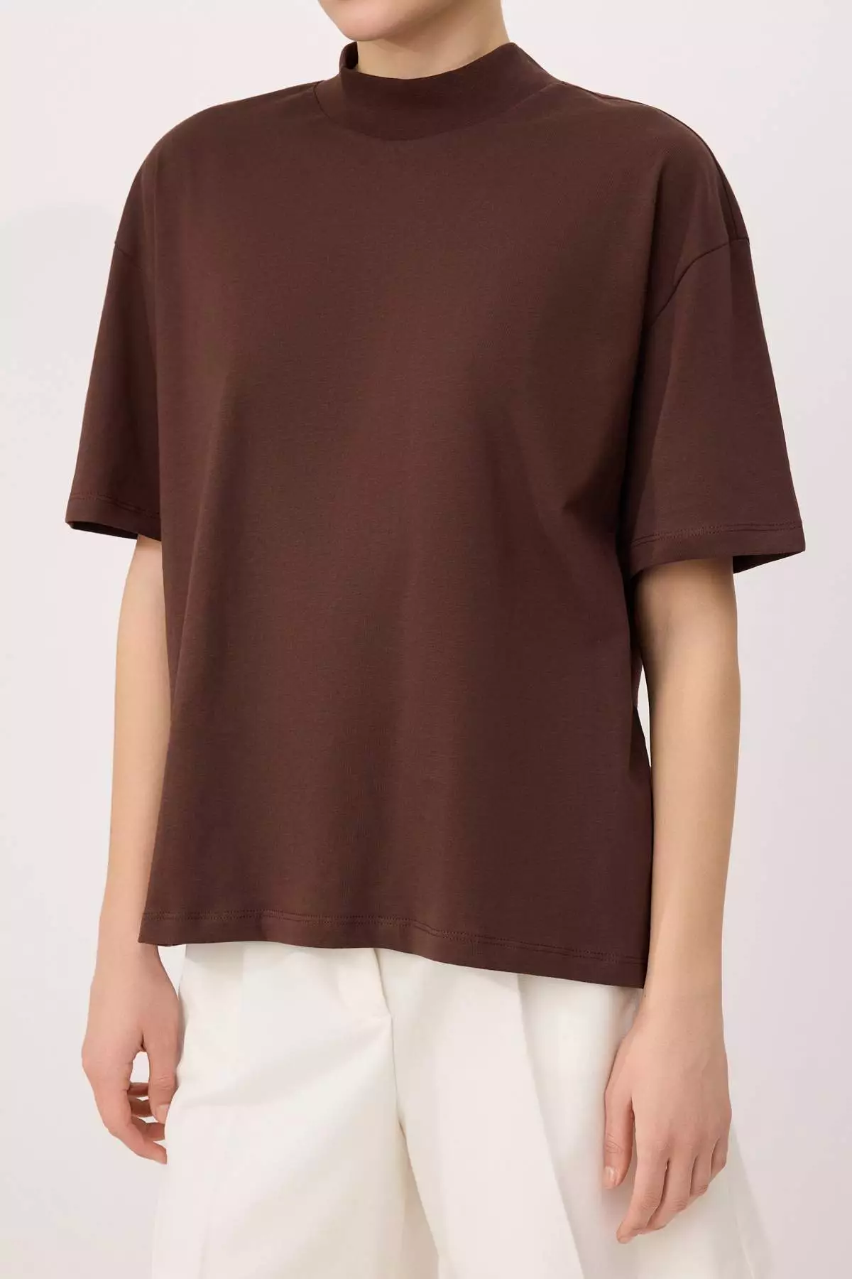 Brown 1% Thick Cotton Stand-Up Collar Three-Quarter Sleeve Knitted T-Shirt Twoss24Ts74
