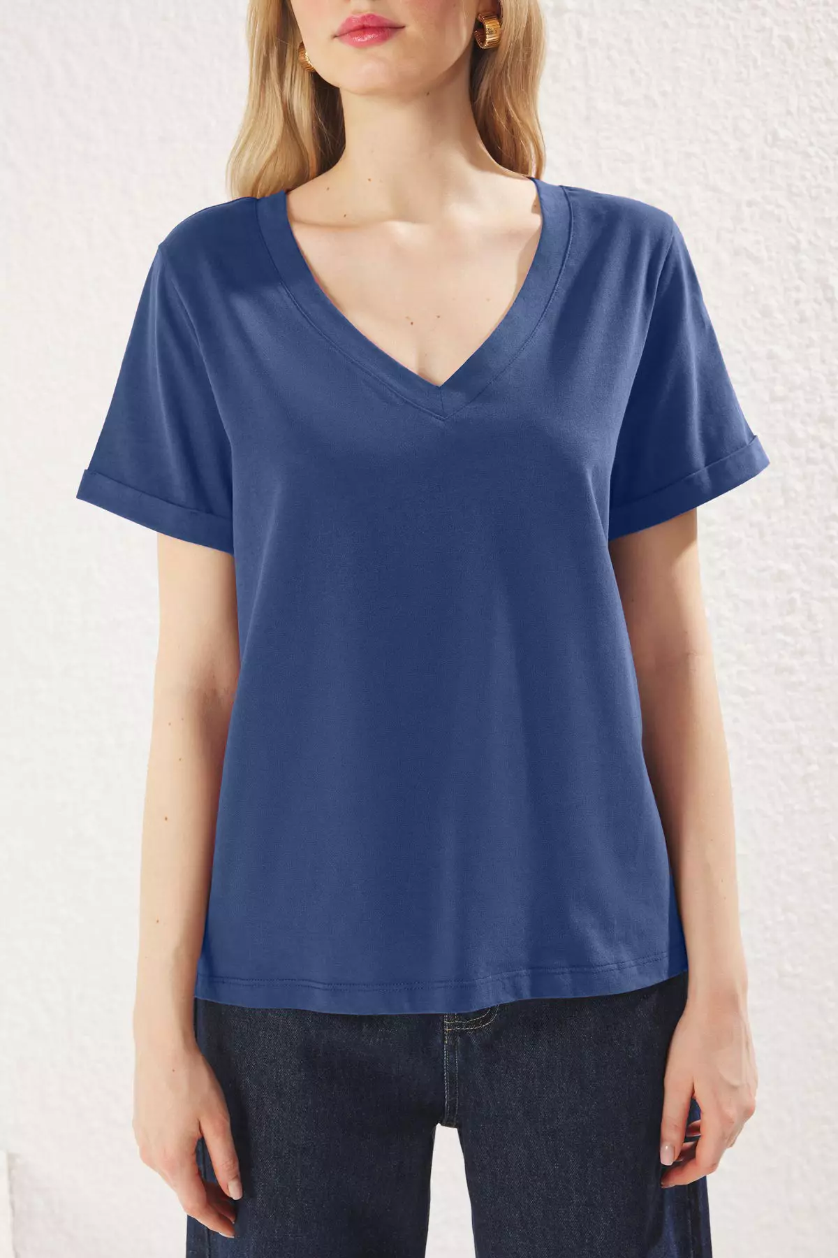Indigo V Neck Short Sleeve Regular/Basic Knitted T-Shirt