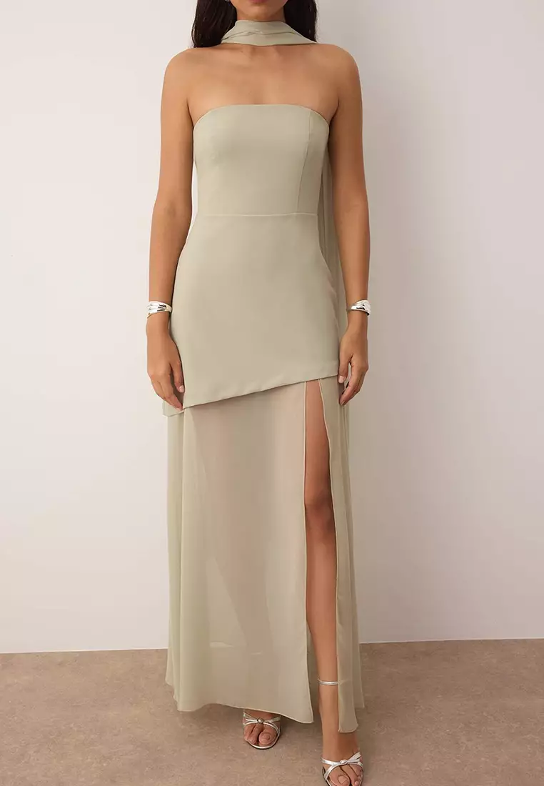 Mint Shawl Detailed Woven Maxi Evening & Graduation Dress