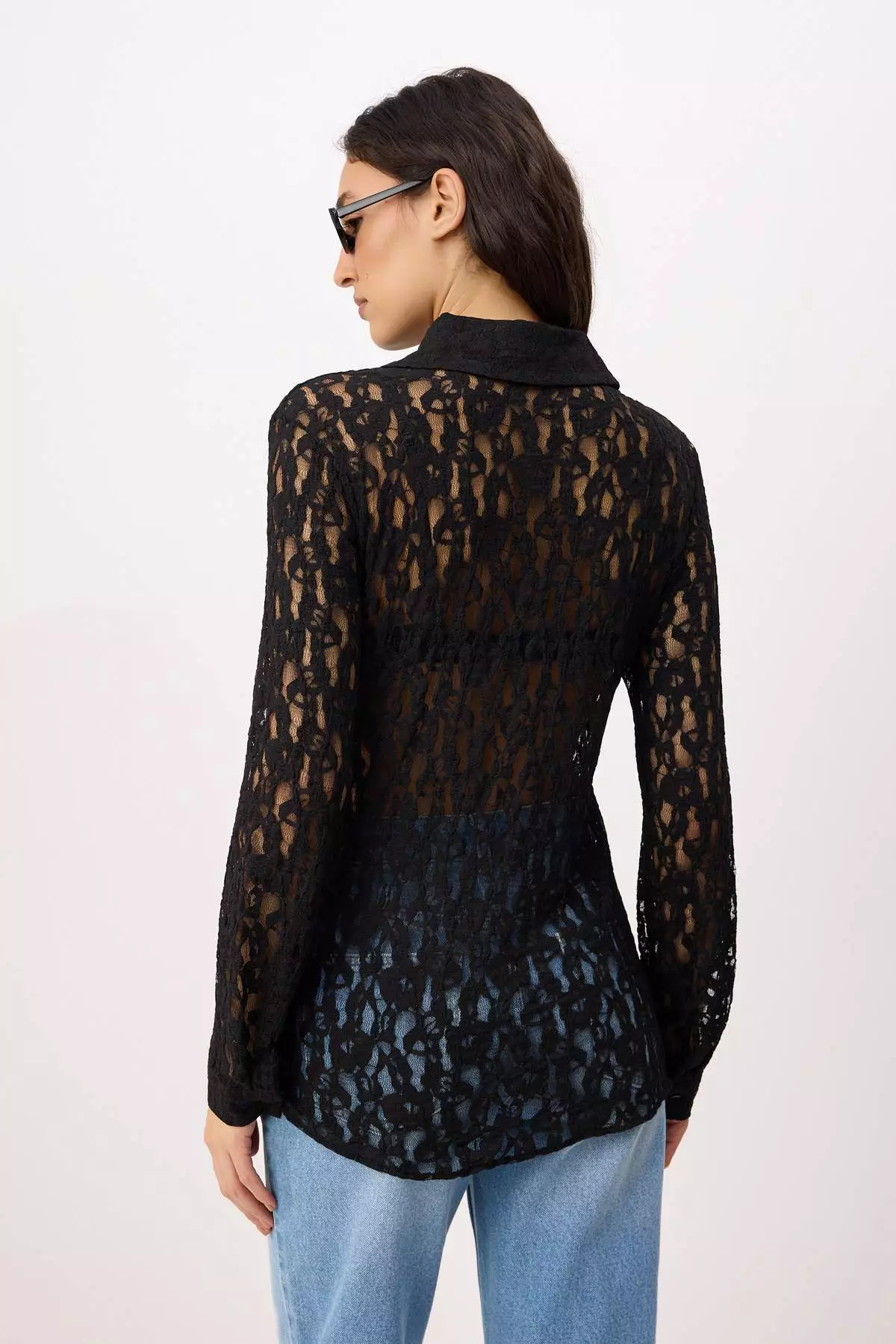 Black Plain Fitted Shirt Collar Long Sleeve Lace Knitted Shirt Twoss26Go173
