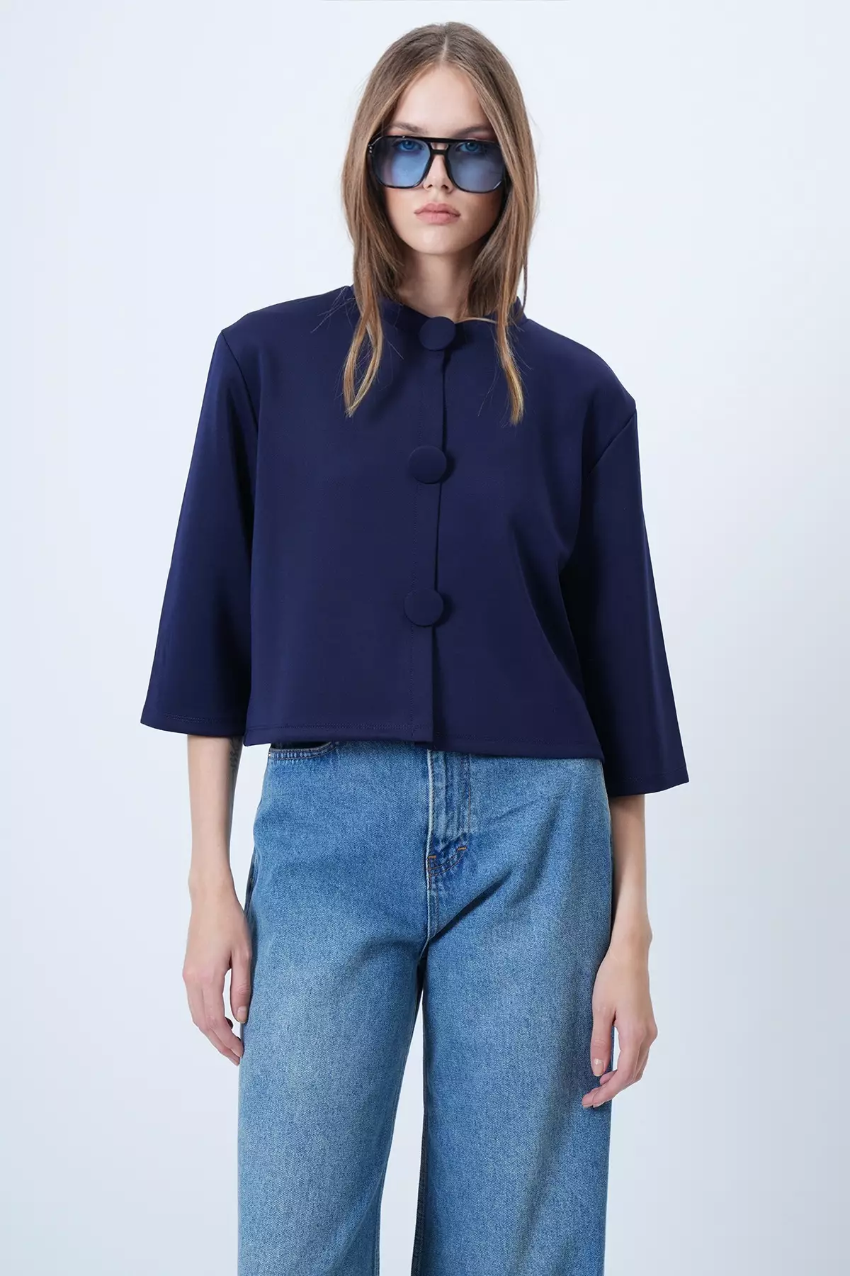 Navy Blue Coated Buttoned Crew Neck Special Design Crop Jacket Alc-X14647