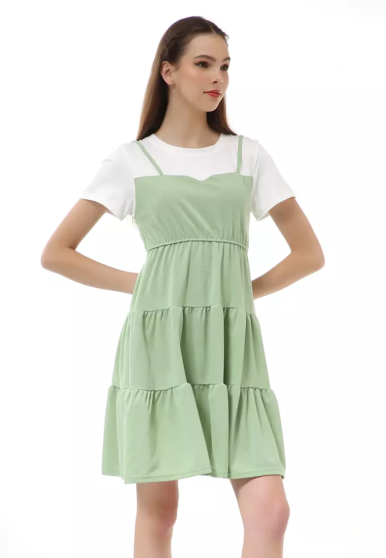 Rachel Midi Dress Wanita Lengan Pendek Model Menyatu Korean Style Material Cotton ORIGINAL - Green