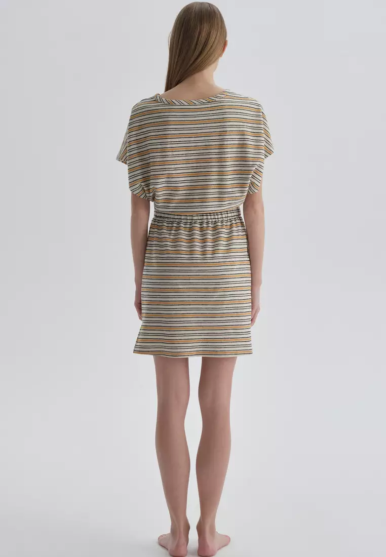 Orange Loungewear Dress, Striped, Boat Neck, Regular Fit, Short Sleeve Homewear And Sleepwear for Women