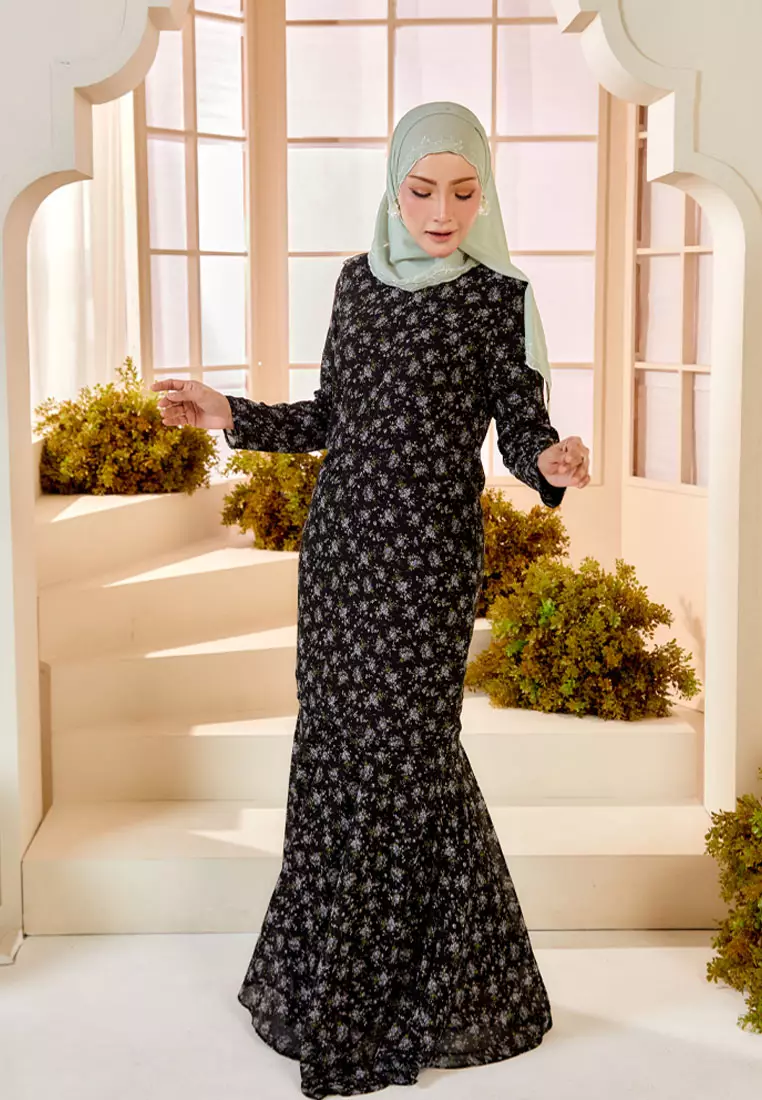 ARIEL Fabulous Black Floral Baju Kurung Moden Princess Kain Kembang Payung