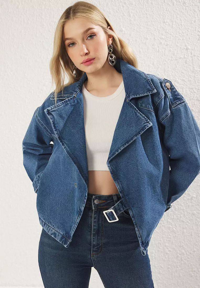 Blue Double Breasted Belt Buckle Oversize Denim Blazer Jacket