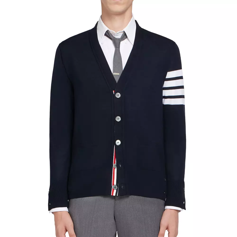 Fine Merino Wool V-Neck 4-Bar Cardigan Navy