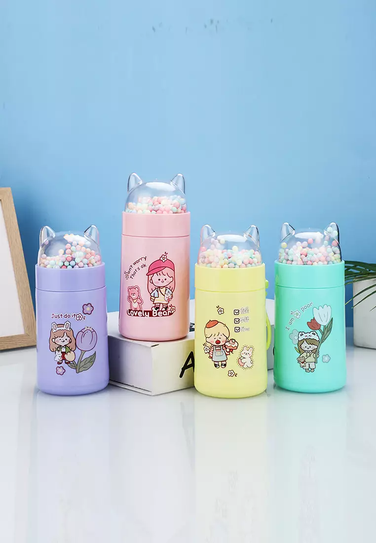 Wakakids Botol Minum Kaca Anak Food Grade Minimalis 350ml Tutup Karakter Kucing Lucu Bubble Warna Venrz Kuning