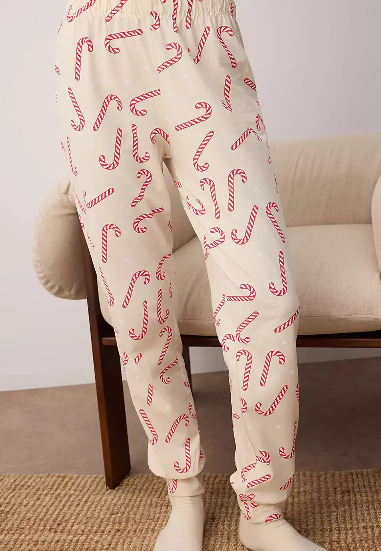 Beige 100% Cotton Christmas Themed Knitted Pajama Set THMAW21PT0771