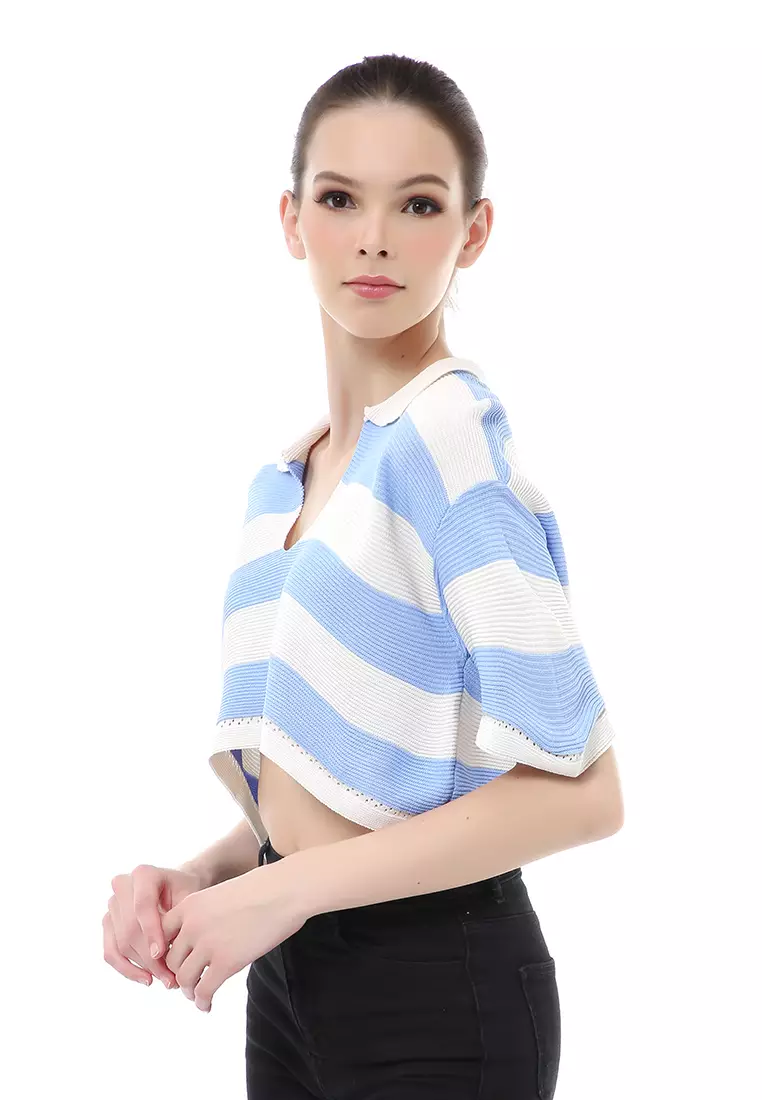 Albertine Atasan Crop Wanita Lengan Pendek Motif Salur Material Rajut ORIGINAL - Blue