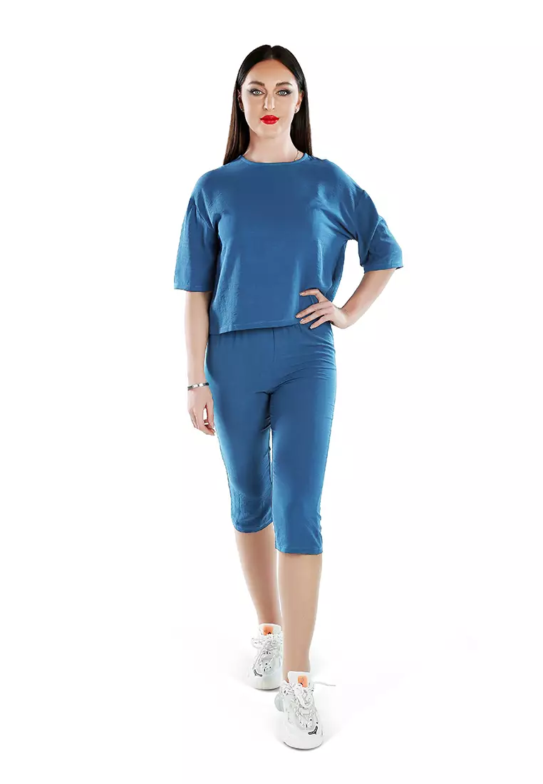 Setelan Crop Top Lengan Pendek Biru & Celana Capri Co Ord