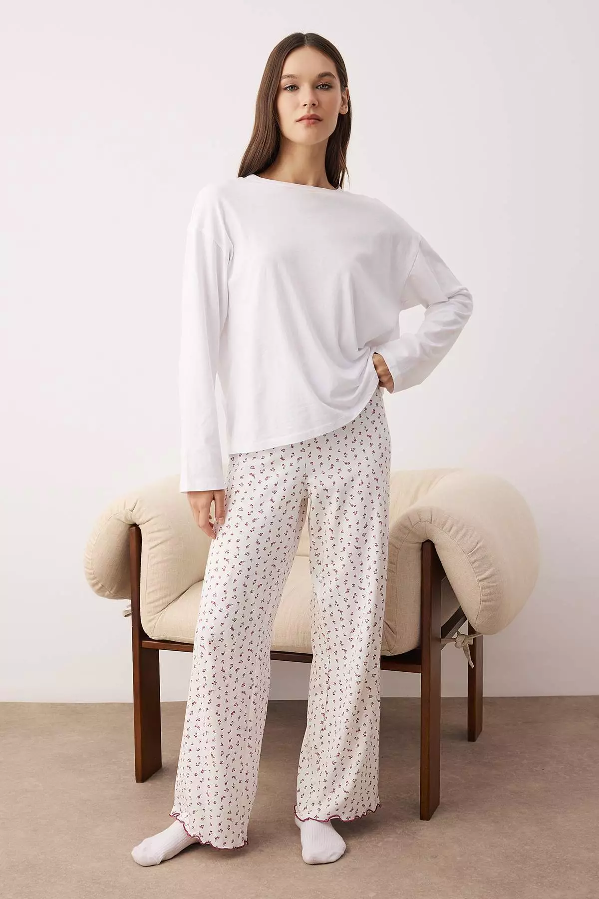 Navy Blue-White 2-Pack Floral Cotton Lycra Jersey Knitted Pajama Bottoms