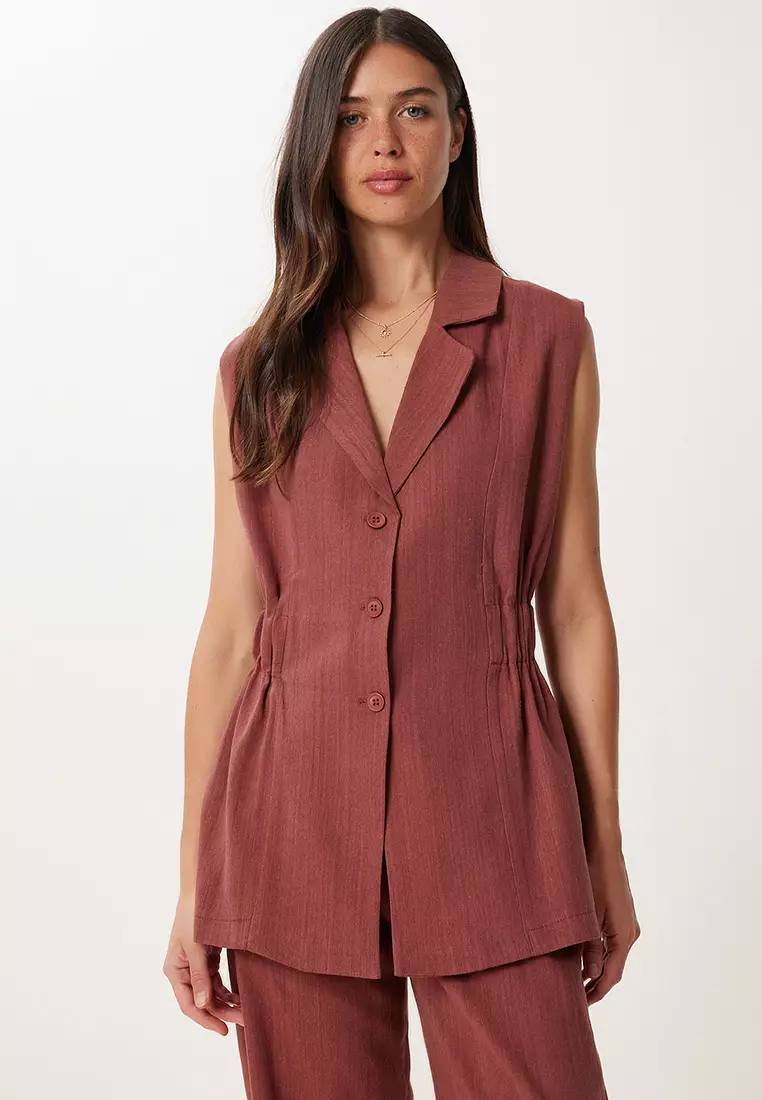 Women's Burgundy Linen Vest Pants Suit No00025