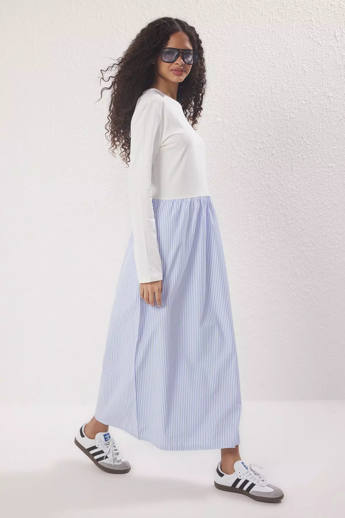 Blue Striped Woven Fabric Skirted Jersey Knit Dress Tctss25Eb00146