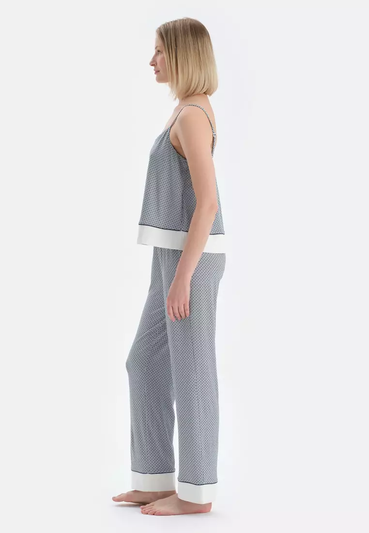 Navy Tanktop & Trousers, Geometric, V-Neck, Regular, Long Leg, Strappy Sleepwear for Women
