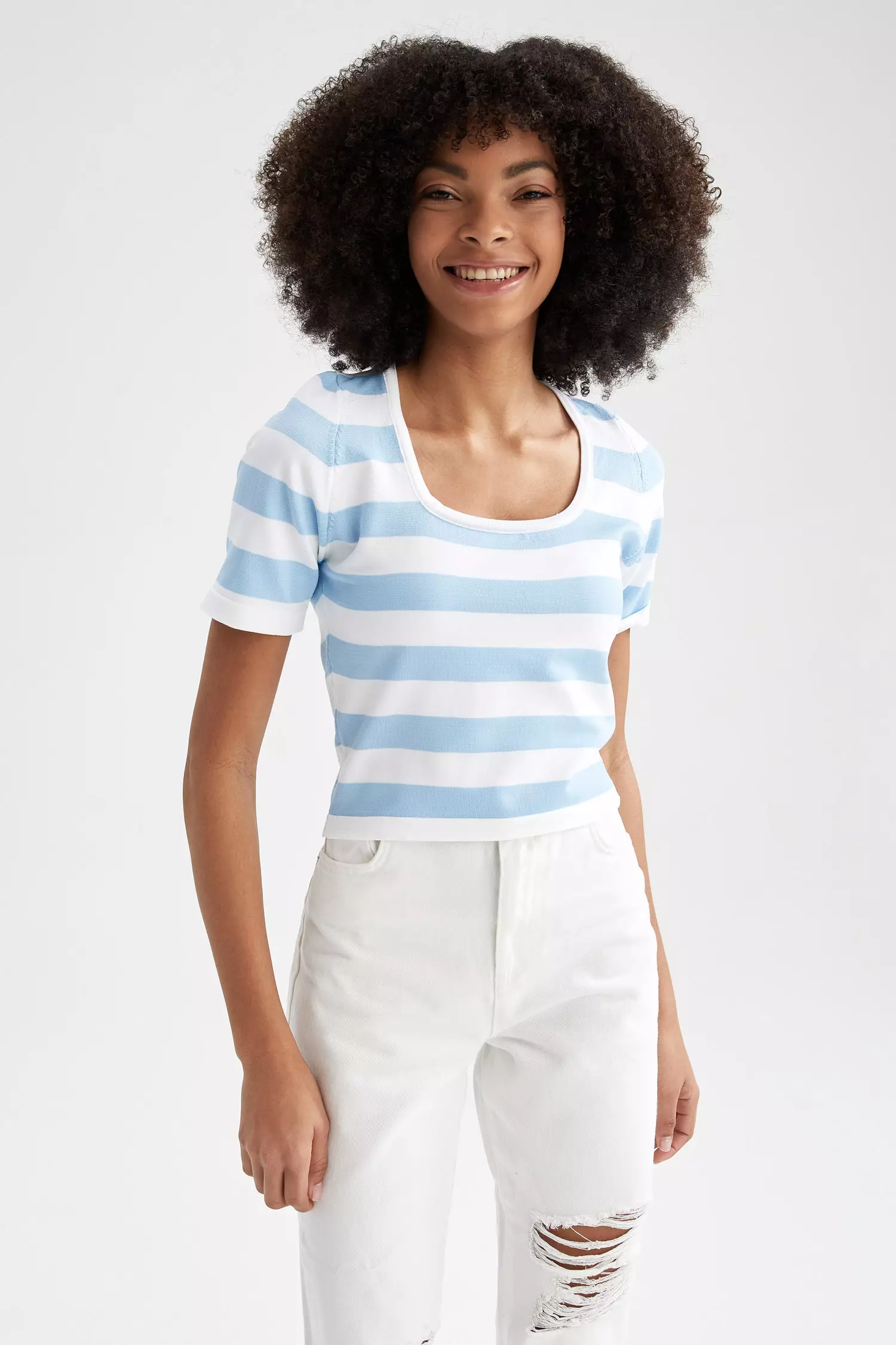 Fitted Short Sleeve Striped Crop Top