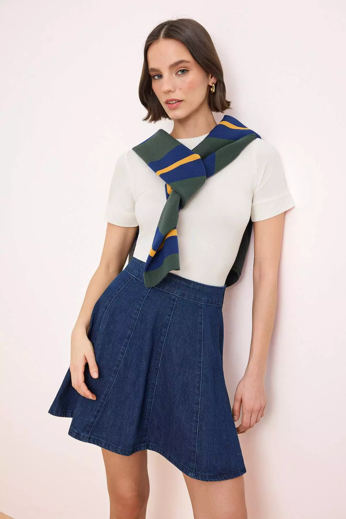 Dark Blue Flounced 1% Cotton Mini Denim Skirt Twoss26Et68