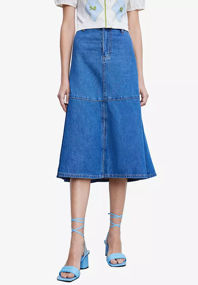 Button front fishtail discount hem denim skirt