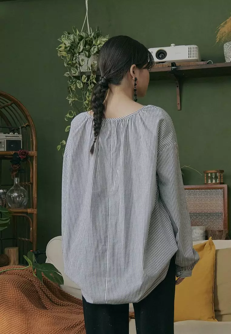 Loose Japanese-Style Tie-Neck Striped Long Sleeve To [AB19835]