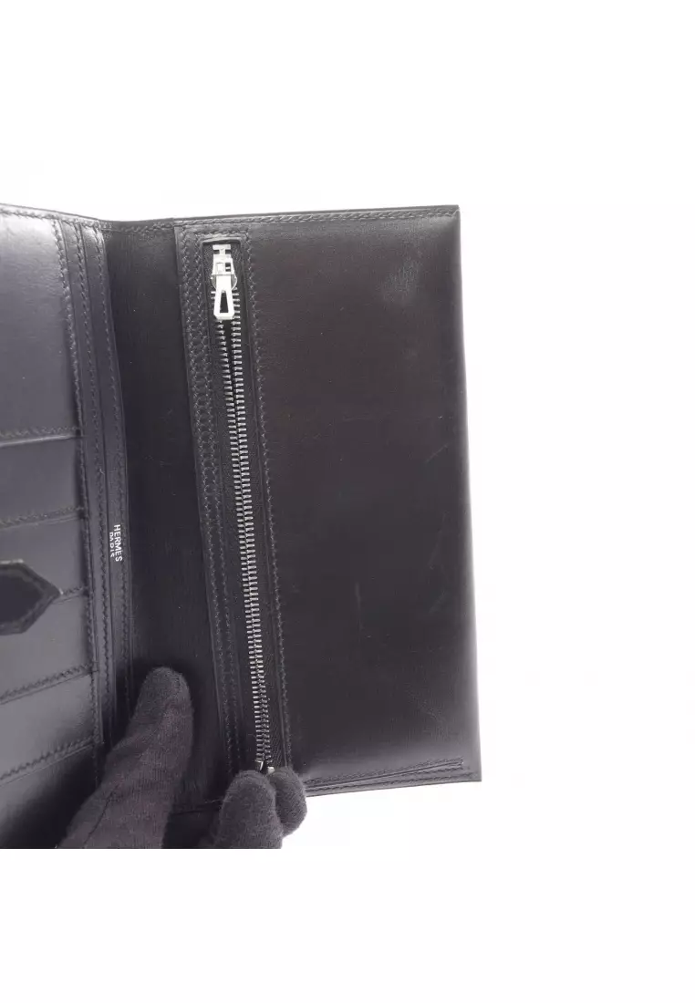 Pre-Loved Hermès bear souffle Bi-fold Long Wallet box calf black silver hardware □H stamp