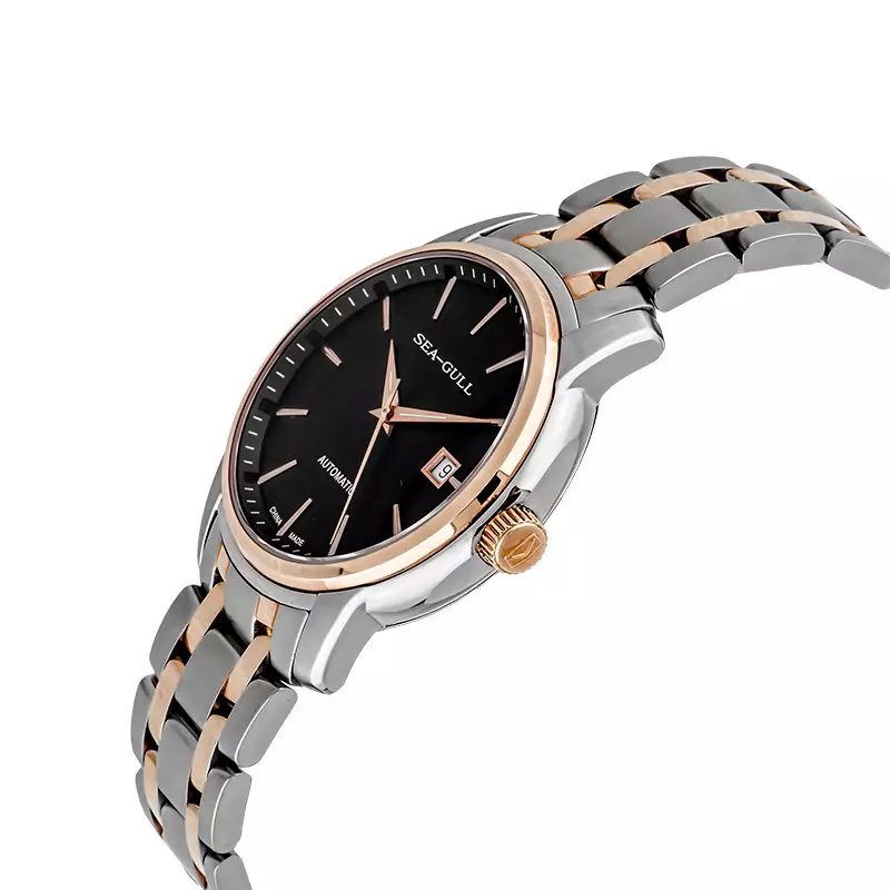 Jam Tangan Pria Seagull Classic 217.421-BL Automatic Black Dial Dual Tone Stainless Steel Strap